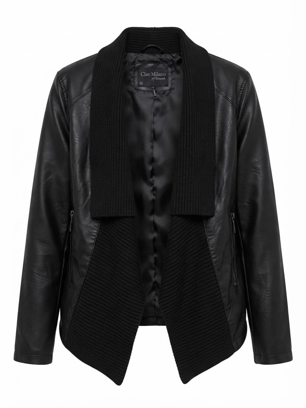 Milano Black Open-Front Faux Leather Jacket with Knit Shawl Collar
